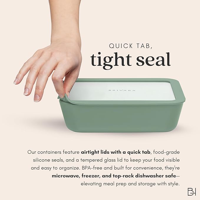 Ceramic Coated Glass Food Storage Container | No PTFE, PFOA, PFAS, and BPA | Reusable Non Toxic Meal Prep Container with Glass Lid | Easy To Store | 6 Piece Food Prep [Willow] BrivaraHome