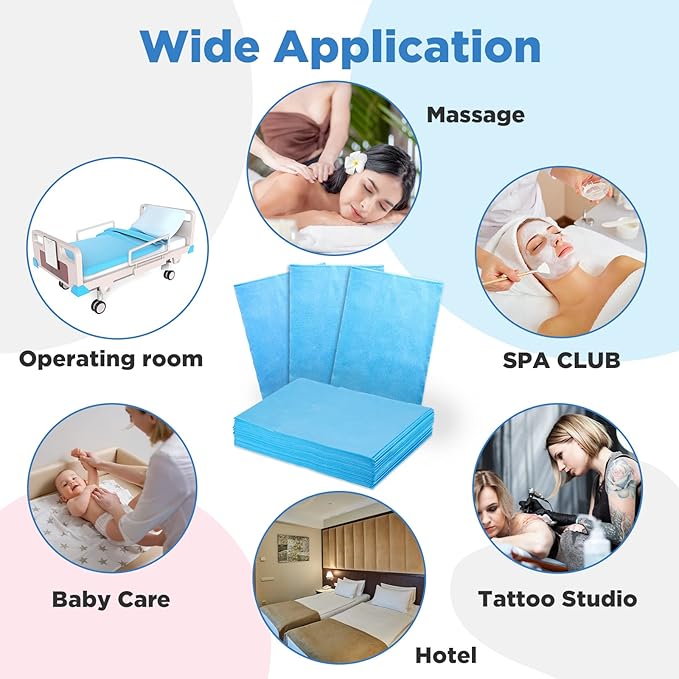 Tegeme 150 Pieces Disposable Massage Table Sheets 31" x 70" Waterproof Bed Sheets Non Woven Bed Cover for Massage Table Beauty Salons Tatto Spa Hotels(Blue) Tegeme