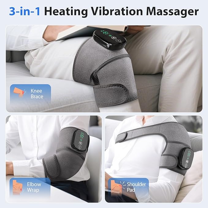Heated Knee Massager, Foot Massager with Heat, Shoulder Massagers with Heat, Knees Warmers Wrap, 3-in-1 Vibration Heating Pad for Knee, Shoulder, and Elbow, Adjustable Size, Gifts for Dad Mom (Grey) Kick Boosters