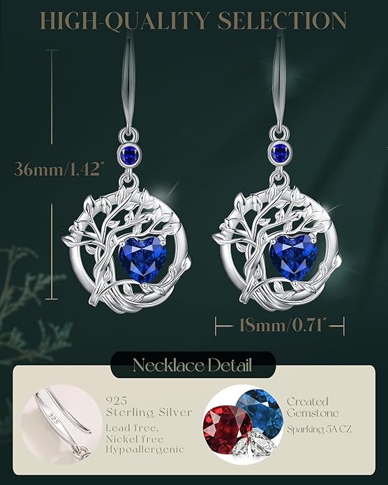 FANCIME Tree of Life Dangle Drop Earrings 925 Sterling Silver Dainty Round Gemstone Birthstone Earring Fine Jewelry Birthday Christmas Gifts for Her Women FANCIME