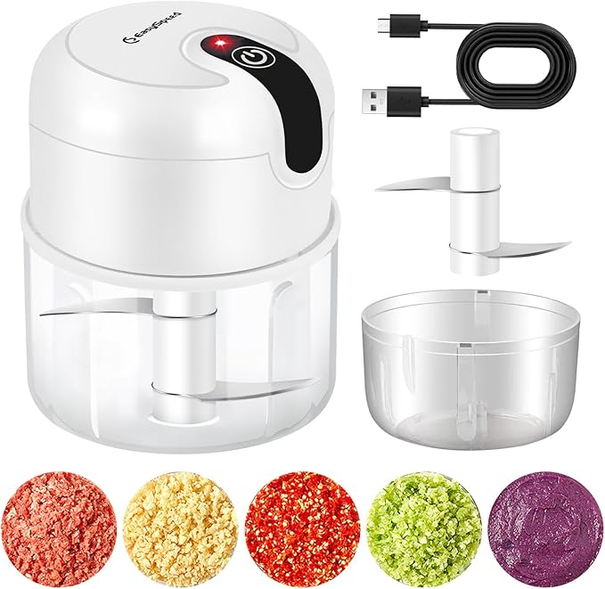 EASYSPEED Electric Garlic Chopper 1Cup, Mini USB Charging Wireless Food Processor with 304 Stainless Steel, 2 Sharp Blades, Portable Kitchen Meat Grinder for Onion, Garlic, Ginger, Chili EASYSPEEDSL