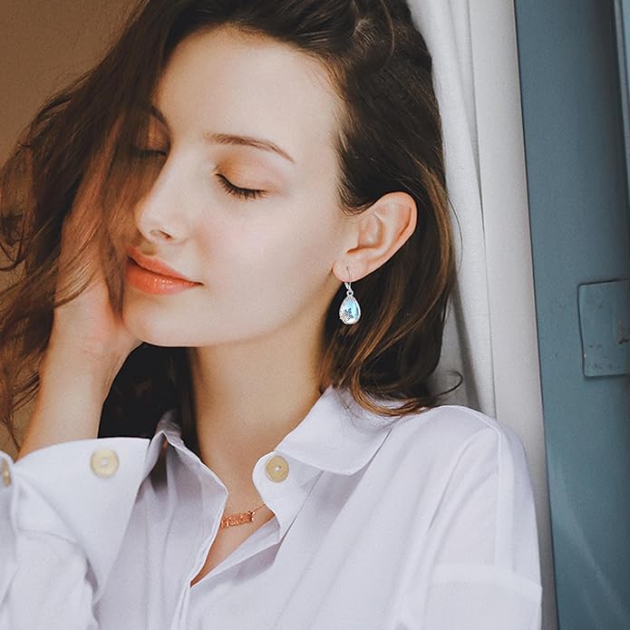 YFN Bee/Flower/Hummingbird Bird Moonstone Earrings 925 Sterling Silver Teardrop Dangle Hypoallergenic Leverback Earring for Women YFN