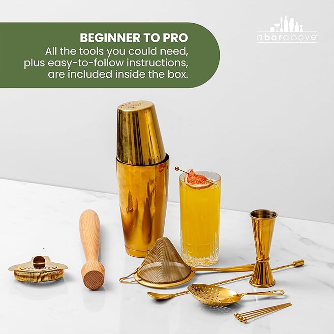 A Bar Above 14-Piece Stainless Steel Bartender Kit, Premium Professional Barware Set for Home Bars and Mixologists, Includes Cocktail Shaker, Jigger, Spoon, Strainers, Muddler, Picks, and More ABarAbove