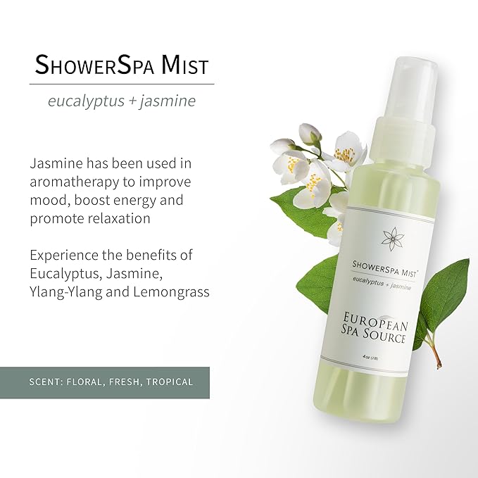 European Spa Source Jasmine + Eucalyptus ShowerSpa Mist Spray for Aromatherapy, At Home Spa Experience, Sinus Congestion Relief, and Tension Relief, 4 fl oz. EuropeanSpaSouce
