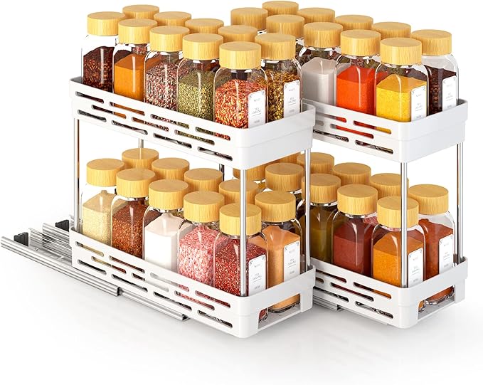 Pull Out Spice Rack Organizer for Cabinet, 2 Pack Slide Out Spice Racks Organizer, Spice Cabinet Organizers, Cabinet Size Need:12'' Highx11'' Deepx5'' Wide,Hold 10 Spice Jar Each Tier-2Tier, White DABIGE