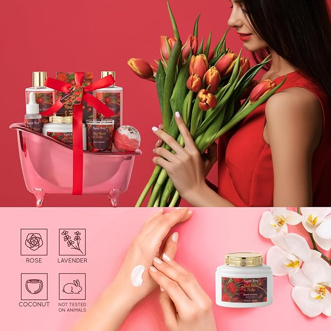 Christmas Gifts for Women, spa kit Gifts for Her Mother's Day Bath Spa Gift Set Red Rose & Tulip Spa Basket Kits for Women, Contains Body Oil, Body Lotion, Salt, self care baskets Mother's Day Gift SaintRoy