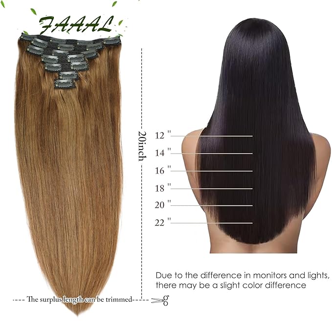 14" Clip in Human Hair Extensions Full Head 110g 7 Pieces 16 Clips 8# Light Brown Double Weft Brazilian Real Remy Hair Extensions Thick Straight Silky (14" 110g, Light Brown)