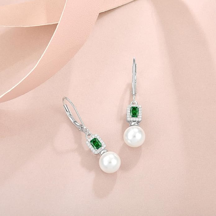 Pearl Drop Earrings Dangling 925 Sterling Silver Emerald Cut Leverback Earrings Birthstone Jewelry for Women INPASNE