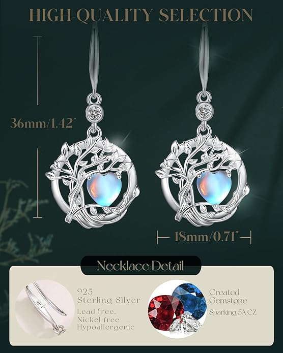 FANCIME Tree of Life Dangle Drop Earrings 925 Sterling Silver Dainty Round Gemstone Birthstone Earring Fine Jewelry Birthday Christmas Gifts for Her Women FANCIME