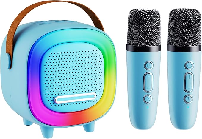 Mini Karaoke Machine Speaker for Kids Adults, Portable Bluetooth with 2 Wireless Microphones, Children's Day Birthday Gift Ideas for Toys for Teens Boys and Girls Aged 4, 5, 6, 7, 8, 9, 10, 11, 12+ Kick Boosters