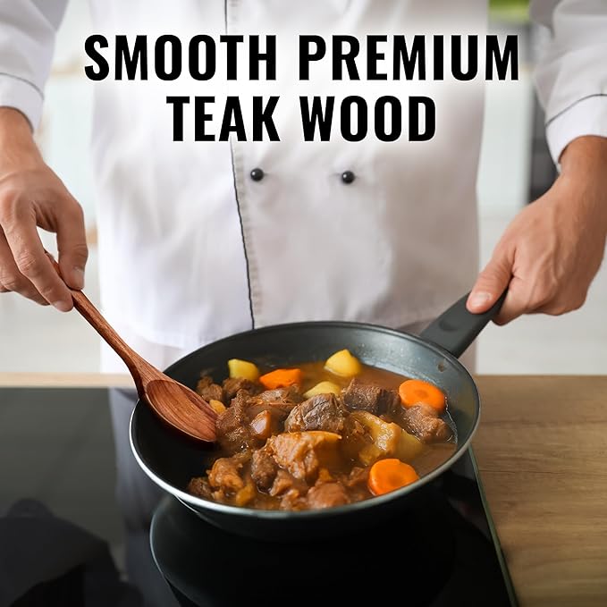 Zulay Kitchen 9.4" Teak Wooden Cooking Spoon – Durable, Non-Stick Wooden Utensil for Cooking, Stirring, Mixing & Serving – Heat-Resistant, Smooth Finish Kitchen Spoon for Nonstick Cookware ZulayKitchen