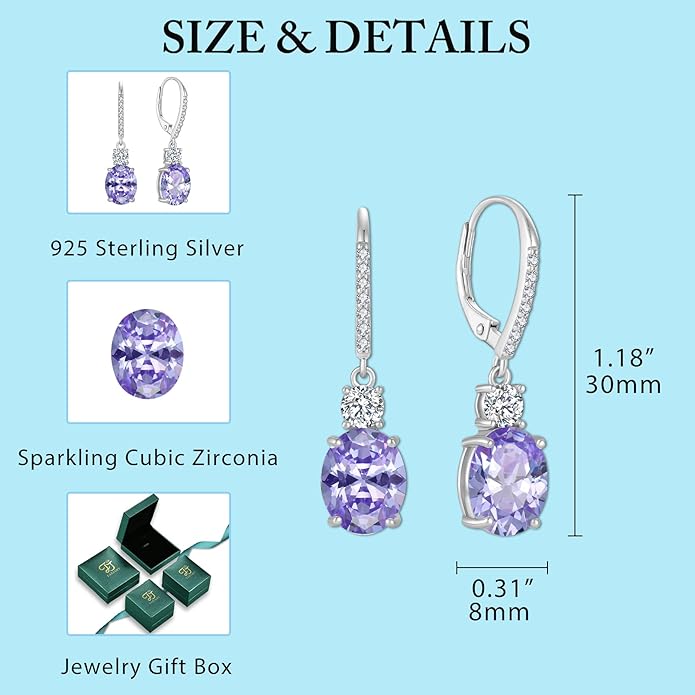 FJ Dangle Drop Earrings 925 Sterling Silver Solitaire Leverback Earrings Birthstone Jewelry for Women FJ