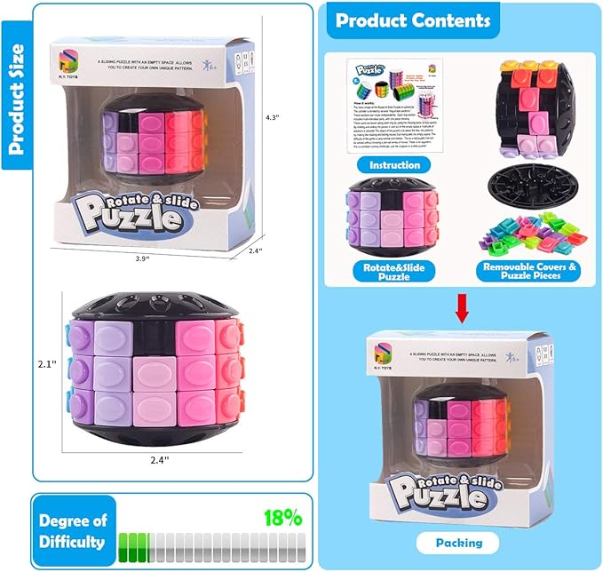 R.Y.TOYS Rotate and Slide Puzzle-Design Patent,Fidget Toys(Restore Order/Create Patterns) 12 Colors,3 Layers-Open Cover for Quick Play,Brain Teaser,Sensory Toys,Birthday Gifts,Stocking Stuffers