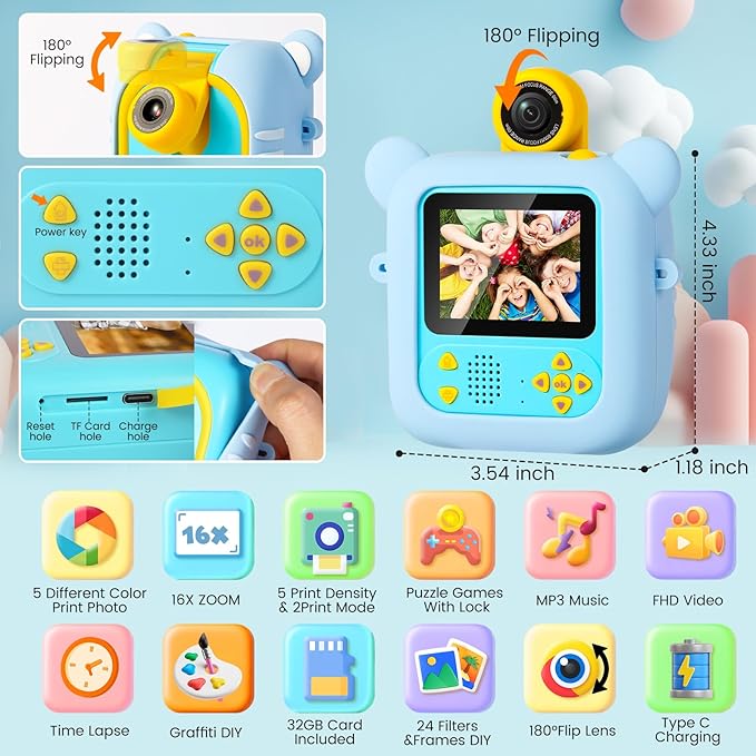 Kids Camera Instant Print, 7 Print Paper (4 Color: O/R/G/B+3 B&W), 2.4" Screen Instant Camera for Kids Ages 3-12,1080P, 180°Flip Lens,32GB Card- Christmas Birthday Present for Boys & Girls,M2 ARNSSIEN
