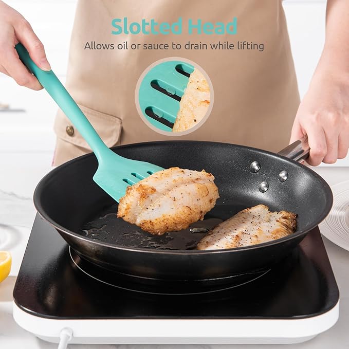 U-Taste 600ºF Heat Resistant Silicone Turners: 13.6in Long Solid & Slotted Kitchen Spatula Flipper, Wide and Large Flexible Cooking Utensil for Flipping Egg, Pancake, Cookie (Aqua Sky, 2PCS) U-Taste