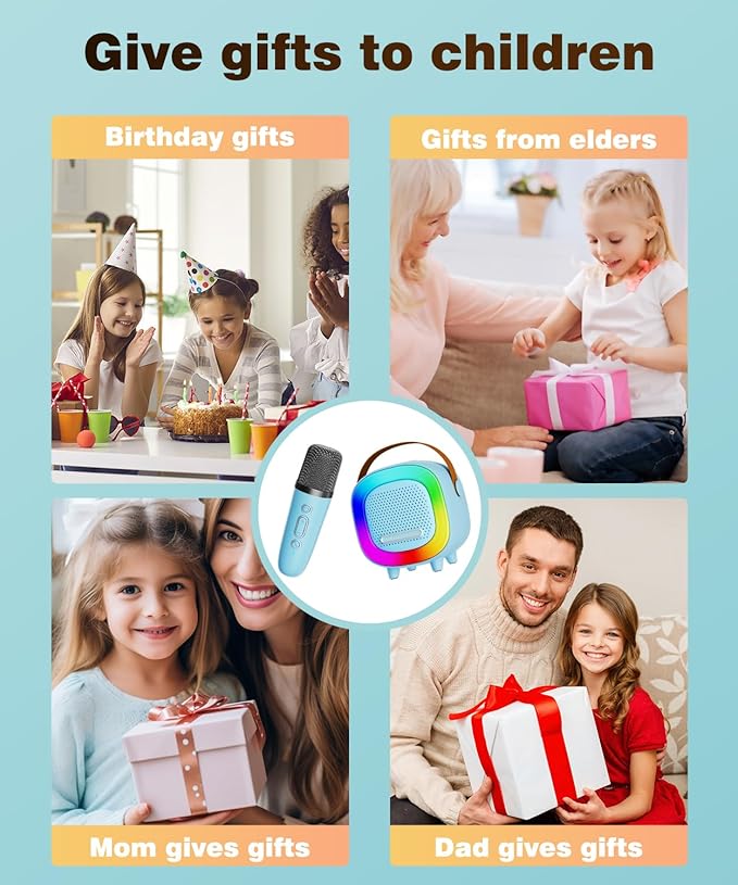 Mini Karaoke Machine Speaker for Kids Adults, Portable Bluetooth with 2 Wireless Microphones, Children's Day Birthday Gift Ideas for Toys for Teens Boys and Girls Aged 4, 5, 6, 7, 8, 9, 10, 11, 12+ Kick Boosters