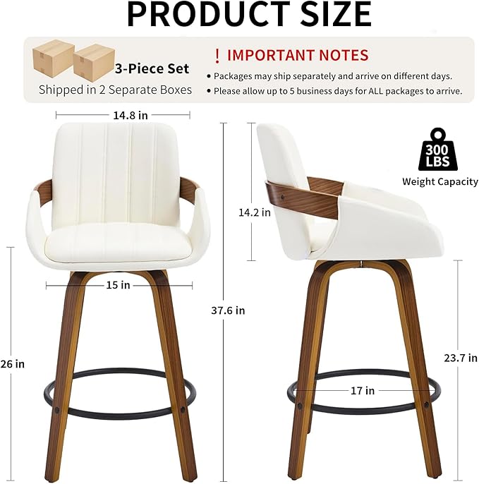 Bar Stools Set of 3, 26" Counter Height Swivel Stools with Back, Walnut Wood Frame, PU Leather, Built-in Footrest, Modern Kitchen Island Chairs – Easy Assembly & Sturdy Design - White VipDesk
