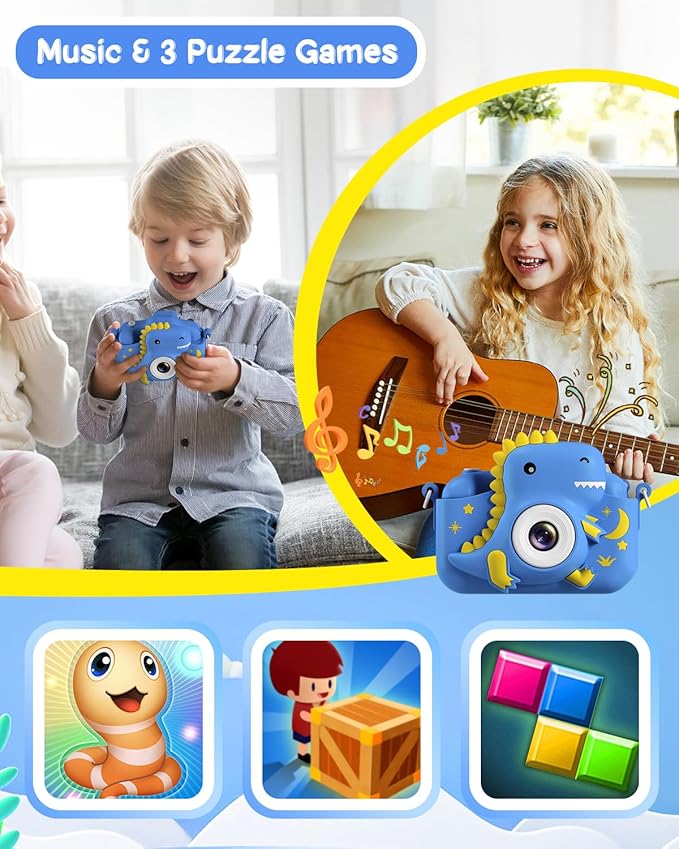 Kids Camera, Dinosaur Toddler Digital Camera for Boys Girls, Christmas Birthday Gifts, Selfie 1080P Camera for 3 4 5 6 7 8 9 Years Old Toys Dark Blue GREENKINDERKidsCamera