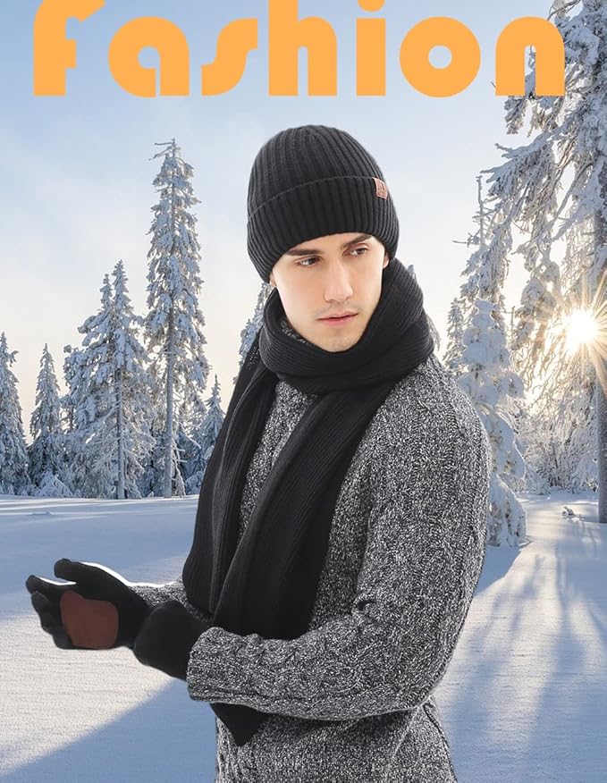 JTJFIT Winter Warm Knit Beanie Hat Long Neck Scarf Touchscreen Gloves Set with Knit Fleece Lined Skull Caps for Men JTJFIT