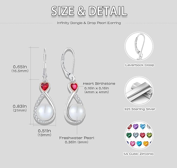Heart Birthstone Pearl Earrings, 925 Sterling Silver Infinity Dangle Drop Leverback Earrings, 9mm Freshwater Cultured Pearl & 4mm Gemstone Jewelry Valentine's Day Gift for Women VESHONJEWELRY