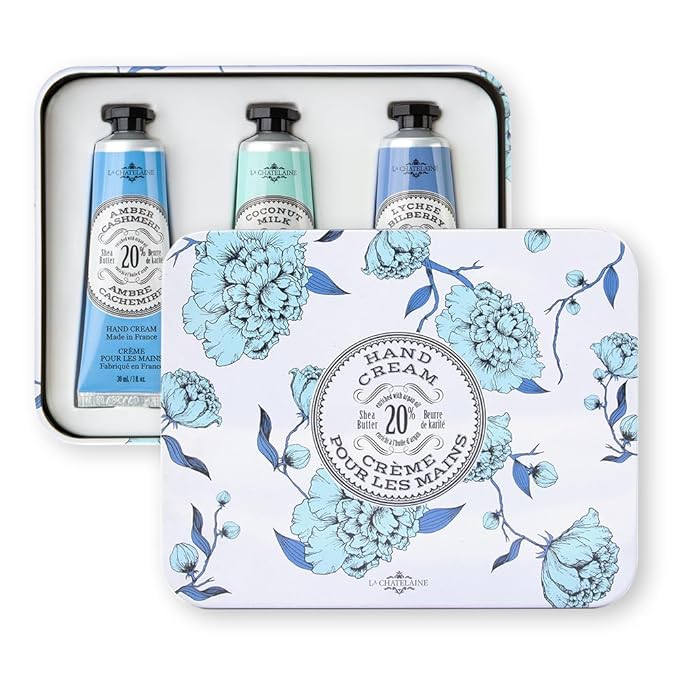 La Chatelaine Hand Cream Trio Tin Gift Set, Ready-To-Gift Tin, Nautral, Made in France with 20% Organic Shea Butter, Nourishing and Moisturizing (Amber Cashmere, Coconut Milk, Lychee Bilberry or Shea) LaChatelaine