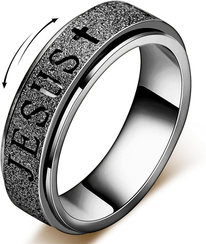Fidget Spinner Anxiety Ring for Women: Fidget Toys Adults Cute Jesus Thumb Ring Stainless Steel Gold Silver Size 5 6 7 8 9 10 (Black, 9)
