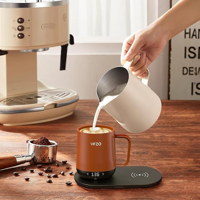 Temperature Control Smart Mug, Self Heating Coffee Mug LED Display, 180 Min Battery Life - Hot up to 149℉ Fast Wireless Charger Base Improved Design coffee serving sets (12oz, Orange) VFZO