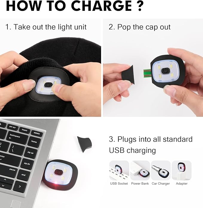 CENSGO Unisex Hat with Light, USB Rechargeable Headlamp Beanie, Gifts for Dad Father Men Husband Warm Knitted Cap CENSGO