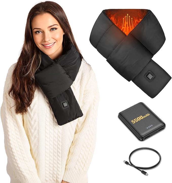 Eventek Rechargeable Heated Scarf for Women & Men - Electric Heated Neck Warmer with 5500mAh Battery, Up to 10 Hours Heating for Cold Weather, Neck Pain Relief, Skiing, Outdoor Activities(Black) EVENTEK