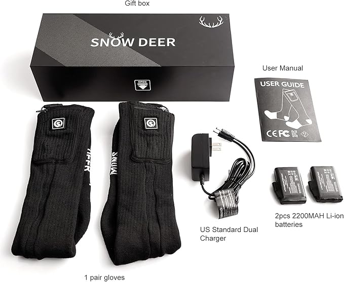 SNOW DEER Heated Socks,Electric Rechargeable Battery Heating Foot Warmer for Men Women,Winter Ski Hunting Camping Hiking Riding Motorcycle HeatedGlovesSocksHatetc