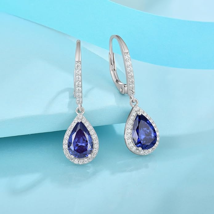 FJ Teardrop Dangle Drop Earrings 925 Sterling Silver Halo Leverback Earrings Birthstone Jewelry Gifts for Women FJ