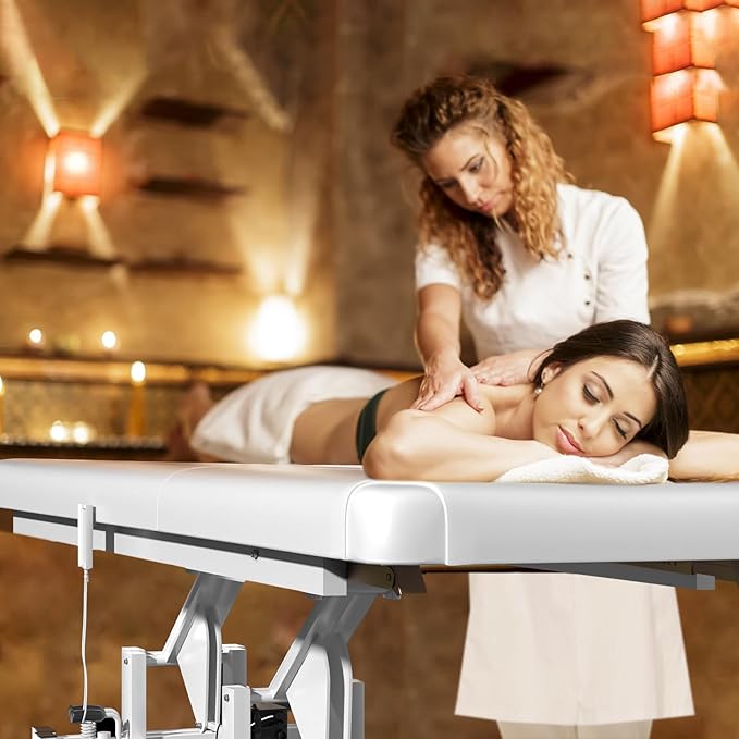 Stationary Massage Table with Memory Foam, Massage TattooTable with Adjustable Height, Facial Bed for Esthetician, PU Leather for Physical Therapy & Spa (Metal/ 2 Molds-White, 44.7''L x 22''W) Kick Boosters