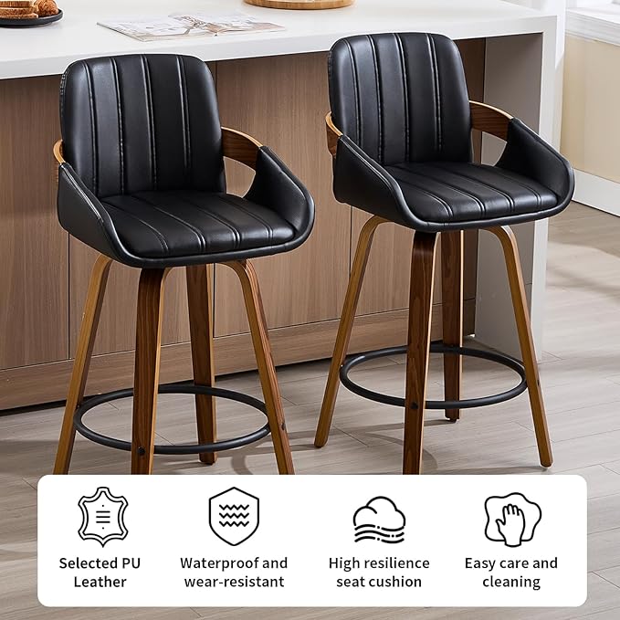 Swivel Bar Stools Set of 2, 26" Counter Height Bar Stools with Back and Arms, Faux Leather Modern Upholstered Bar Chairs with Walnut Frame for Kitchen Island Bar - Black VipDesk