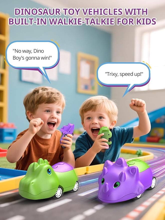 Dinosaur Walkie Talkies for Kids Rechargeable, Dino Toy Cars for Boys & Girls Ages 5-7, Crystal-Clear Audio, 48H Playtime, Fun Indoor & Backyard, 3 Year Old Boy Gift Birthday Xmas, 2 Pack Inspireyes