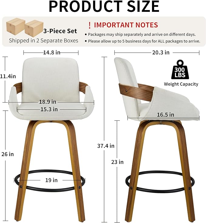 Beige Fabric Swivel Bar Stools with Back, Walnut Bentwood Mid-Century Design, Modern Set of 3 Bar Chairs with Curved Back and 360° Swivel, Ideal for Home Bars, Kitchens, Dining Spaces VipDesk