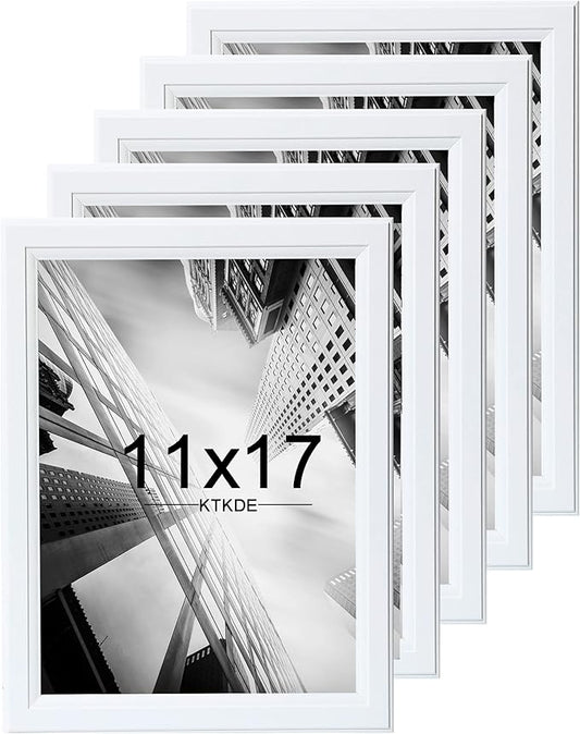 KTKDE 11x17 Picture Frame Set of 5,White Wooded Shatter Resistant Glass, Vertical & Horizontal Wall Hanging for Wall Display,Studio Gallery Photo Frame for Photos, Posters & Art Prints KTKDE