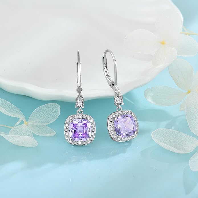 Women Leverback Earrings 925 Sterling Silver Princess Cut Halo Earrings Birthstone Dangle Drop Earrings for Women Her Mom Wife INPASNE