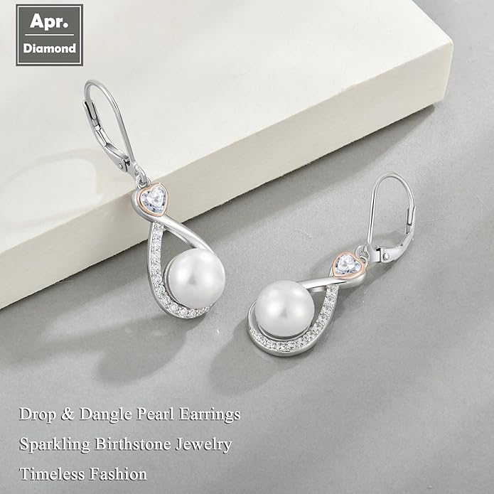 Heart Birthstone Pearl Earrings, 925 Sterling Silver Infinity Dangle Drop Leverback Earrings, 9mm Freshwater Cultured Pearl & 4mm Gemstone Jewelry Valentine's Day Gift for Women VESHONJEWELRY