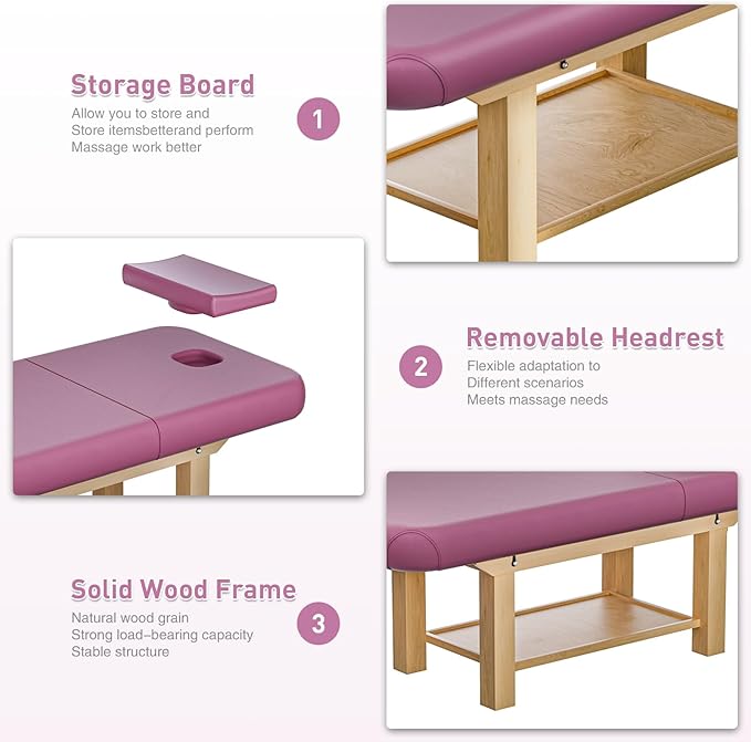 Stationary Massage Table with Memory Foam, Massage TattooTable with Adjustable Height, Facial Bed for Esthetician, PU Leather for Physical Therapy & Spa (Wood/RED, 75''L x 28''W x 25''H) Kick Boosters