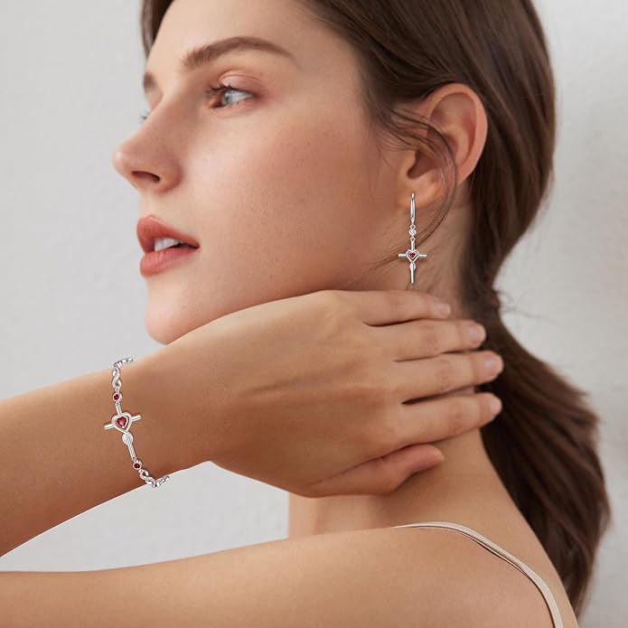 FANCIME Gift for Women Cross Dangle Drop Earrings 925 Sterling Silver Heart Birthstone Earring Fine Jewelry Birthday Gifts for Her Women FANCIME