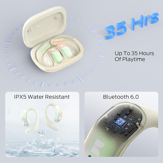 Monster Open Ear AC326 Headphones, Bluetooth 6.0 Wireless Earbuds with Dual-Mic Clear Calls, Air Conduction Headphones with Ear Hooks, Spatial Audio, Snug Fit, 35H Playtime, IPX5 for Sports, White Monster