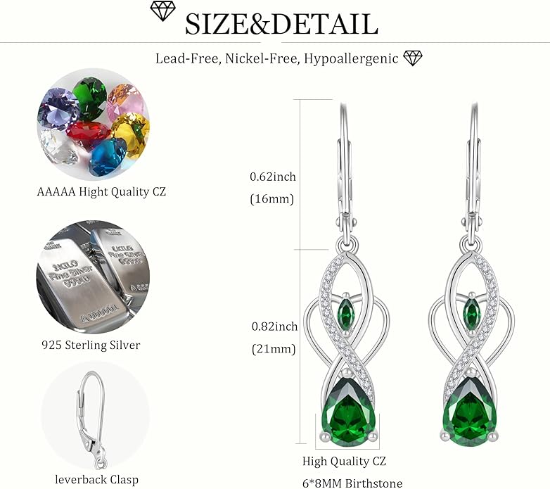 Infinity Butterfly Earrings 925 Sterling Silver Birthstone Dangle Drop Leverback Earrings Cubic Zirconia Hypoallergenic Jewelry Birthday Christmas Gifts for Women Mother Wife Her FYNSBLE