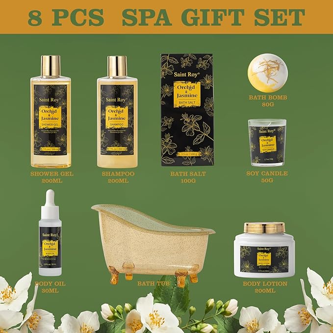 Luxury Home Spa Bath Gift Basket, Spa gift basket Christmas Gifts for Women men, Spa Kit Self-care Gifts, Spa Collection Gift, Orchid Jasmine Bath and Body Gift Pampering Spa Gifts Mother's Day Gift SaintRoy