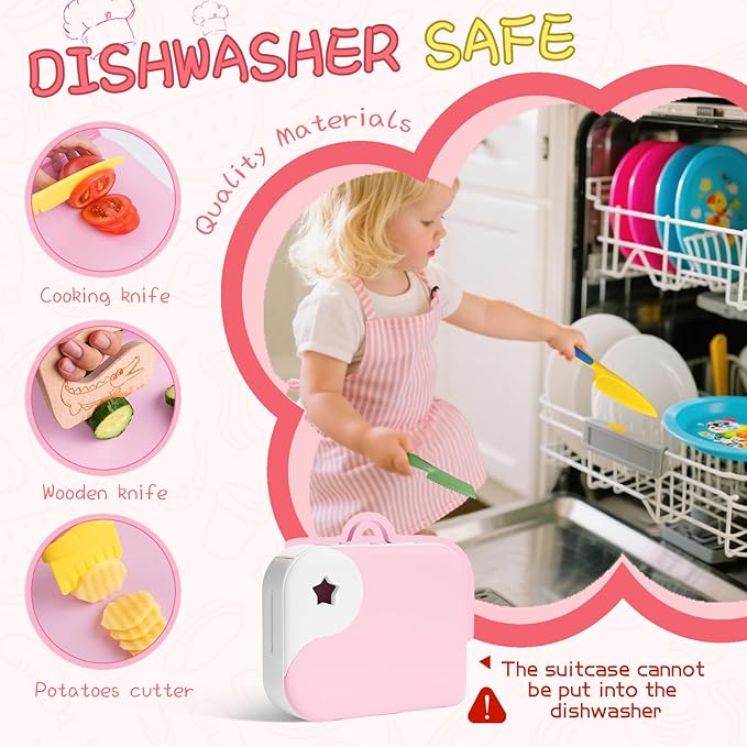 Montessori Kitchen Tools for Toddlers,Kids Knife for Real Cooking,Toddlers Knife Set with Storage Box Kids Safe Knives Children Cutting Set and Peeler,Montessori Toys for Kitchen Set -Pink Lullulii