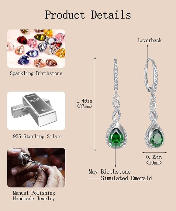 Fahonie Sterling Silver Long Drop Earrings with Cubic Zirconia Leverback Dangle Earrings Infinity Knot Birthstone Jewelry Gifts for Women FahonieJewelry