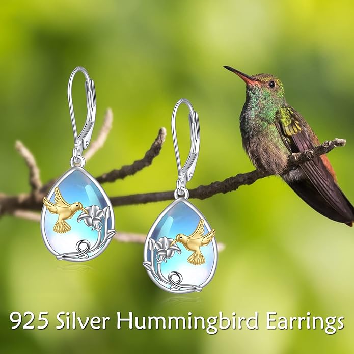 YFN Bee/Flower/Hummingbird Bird Moonstone Earrings 925 Sterling Silver Teardrop Dangle Hypoallergenic Leverback Earring for Women YFN