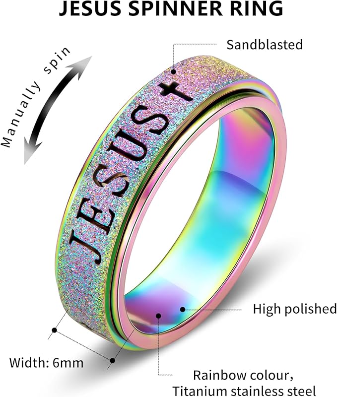 OreilleStar Fidget Spinner Anxiety Ring for Women: Fidget Toys Adults Cute Jesus Thumb Ring Stainless Steel Gold Silver Size 5 6 7 8 9 10 (Rainbow, 6)