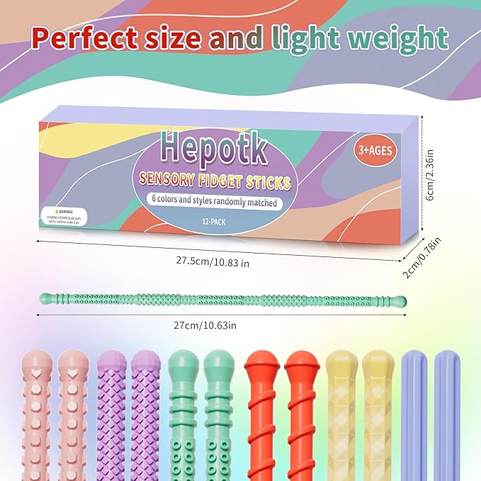 Hepotk Sensory Fidget Sticks - 12PCS Silicone Fidget Toy Pack with Mixed Textures, Random Colors & Styles | Stress Relief Toys for Autistic Kids 3+ & Adults | Must-Have for Travel, School & Home