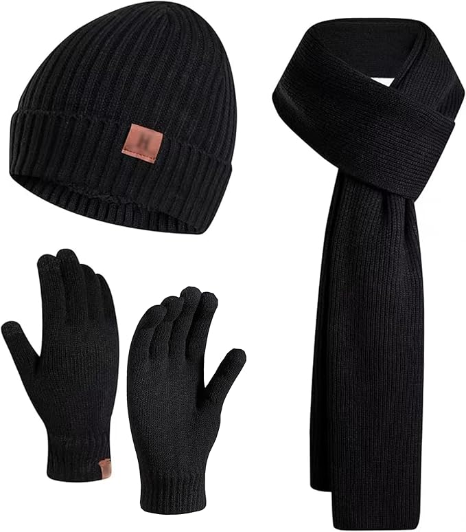 JTJFIT Winter Warm Knit Beanie Hat Long Neck Scarf Touchscreen Gloves Set with Knit Fleece Lined Skull Caps for Men JTJFIT
