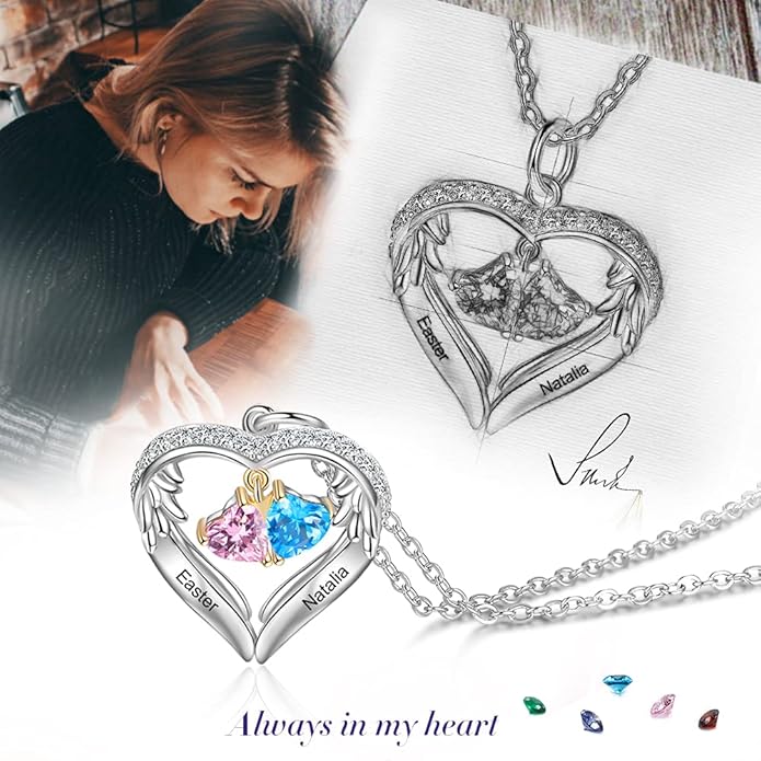 GLAMCARAT Personalized sterling silver pendant necklace with birthstone and name mothers jewelry heart shaped necklace for her birthstone necklace GLAMCARAT